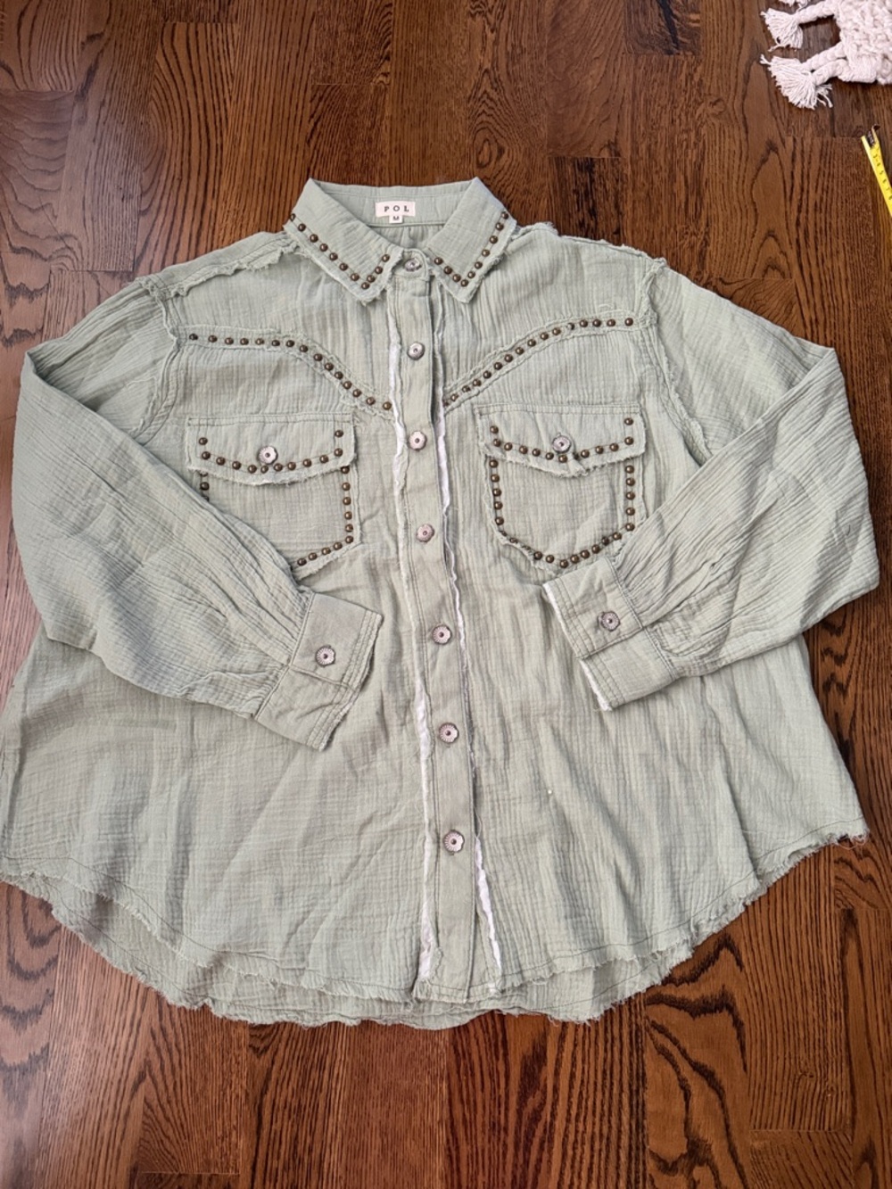 POL Mint Green gauze Studded Button-Up Shirt medium - Picture 8 of 13